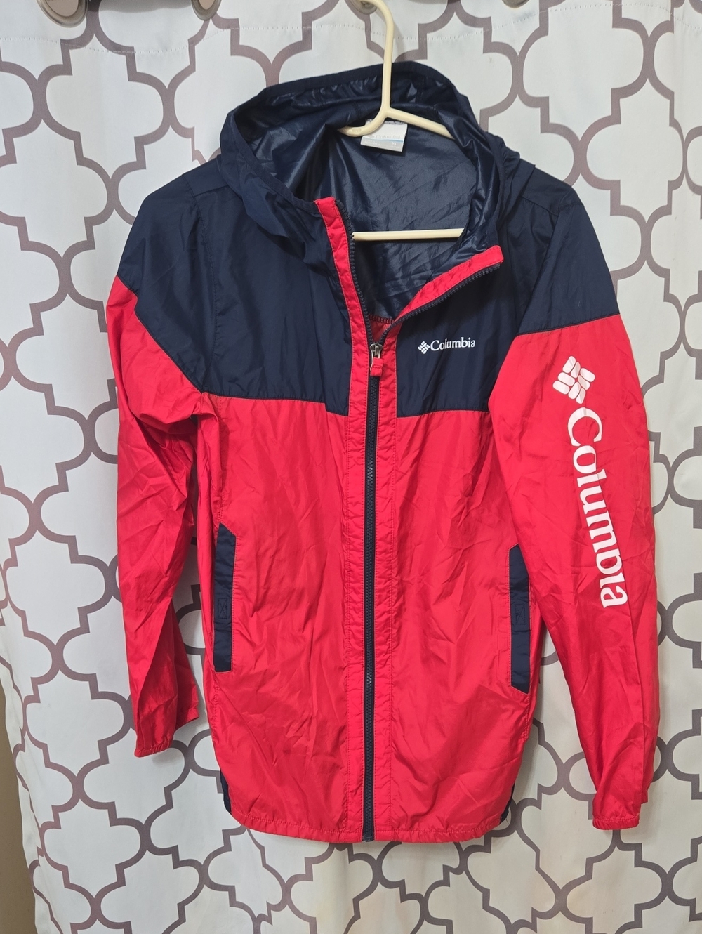 Columbia Red and Navy Kids' Hooded Rain Jacket